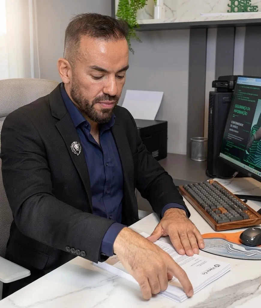 Dr. Jorge analisando documentos à mesa do consultório